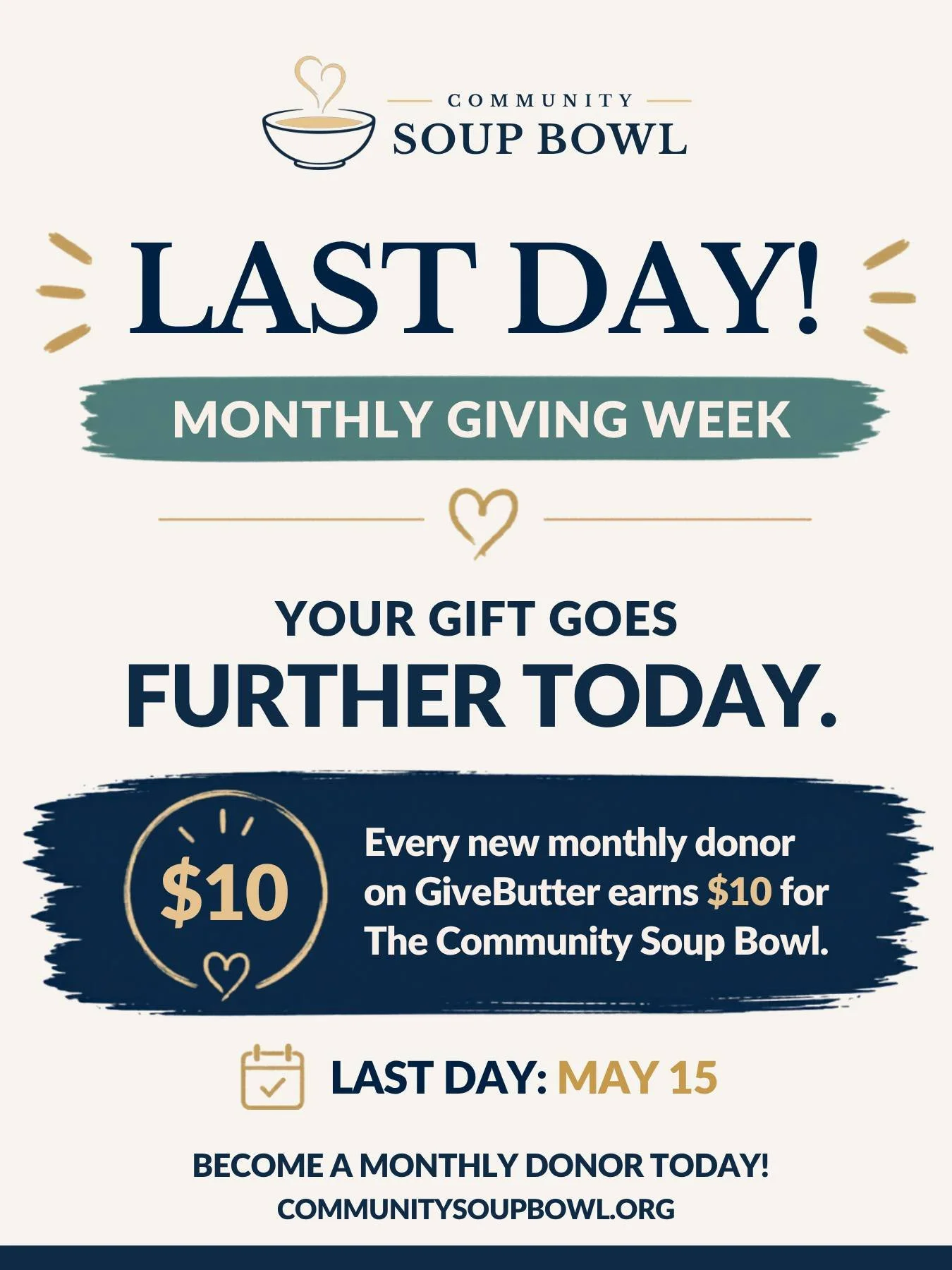 Today is the last day of Monthly Giving Week, and there's never been a better time to start giving monthly.

Right now, every new monthly gift through GiveButter comes with a bonus: an extra $10 added on top. That means your first gift goes even furt