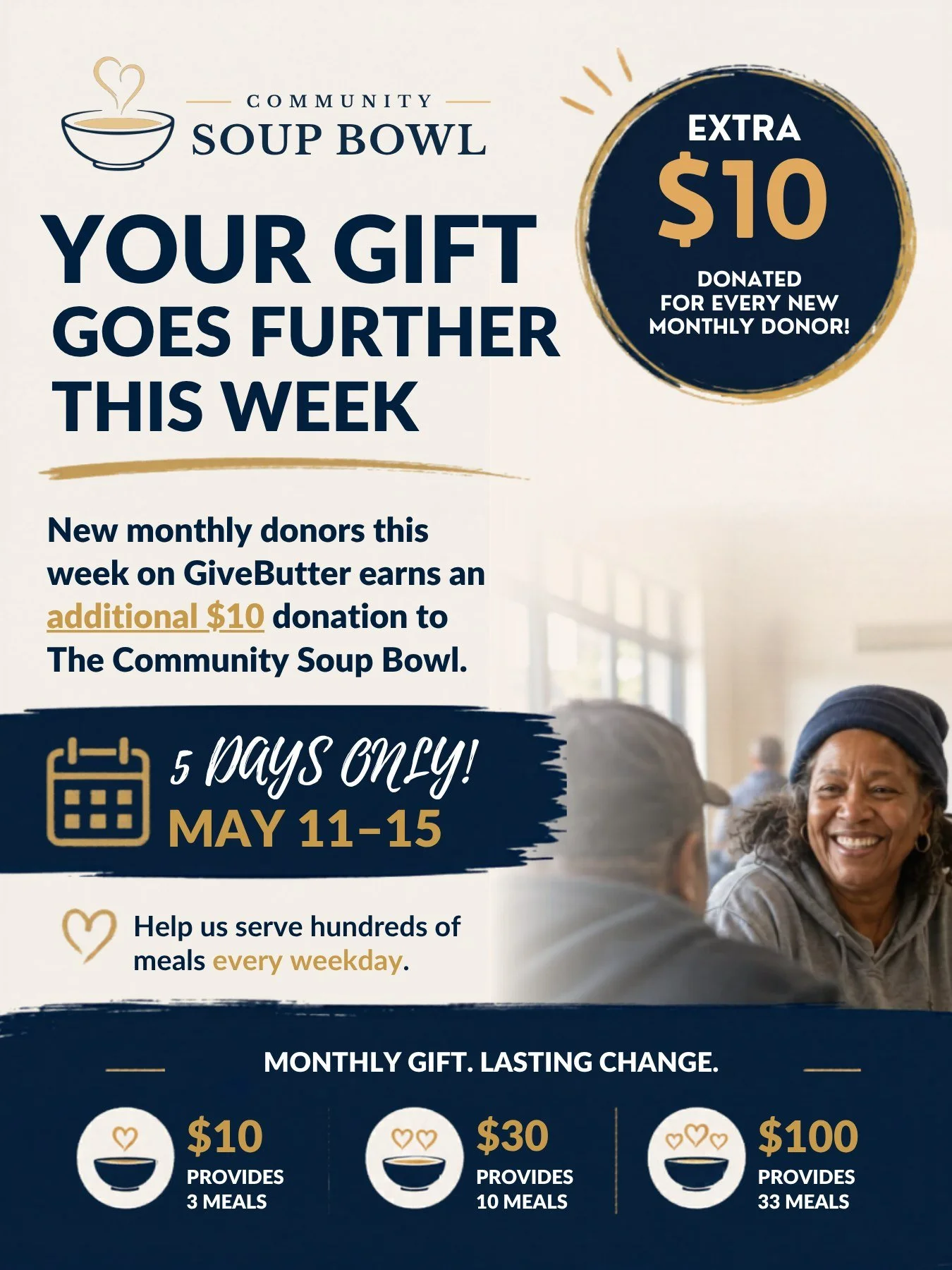 Two days left in Monthly Giving Week!

The need in Tuscaloosa is real. Demand for meals is up. And every weekday, we open our doors because that's what we've done for over 30 years.

A monthly gift doesn't just help us serve today. It helps us plan, 