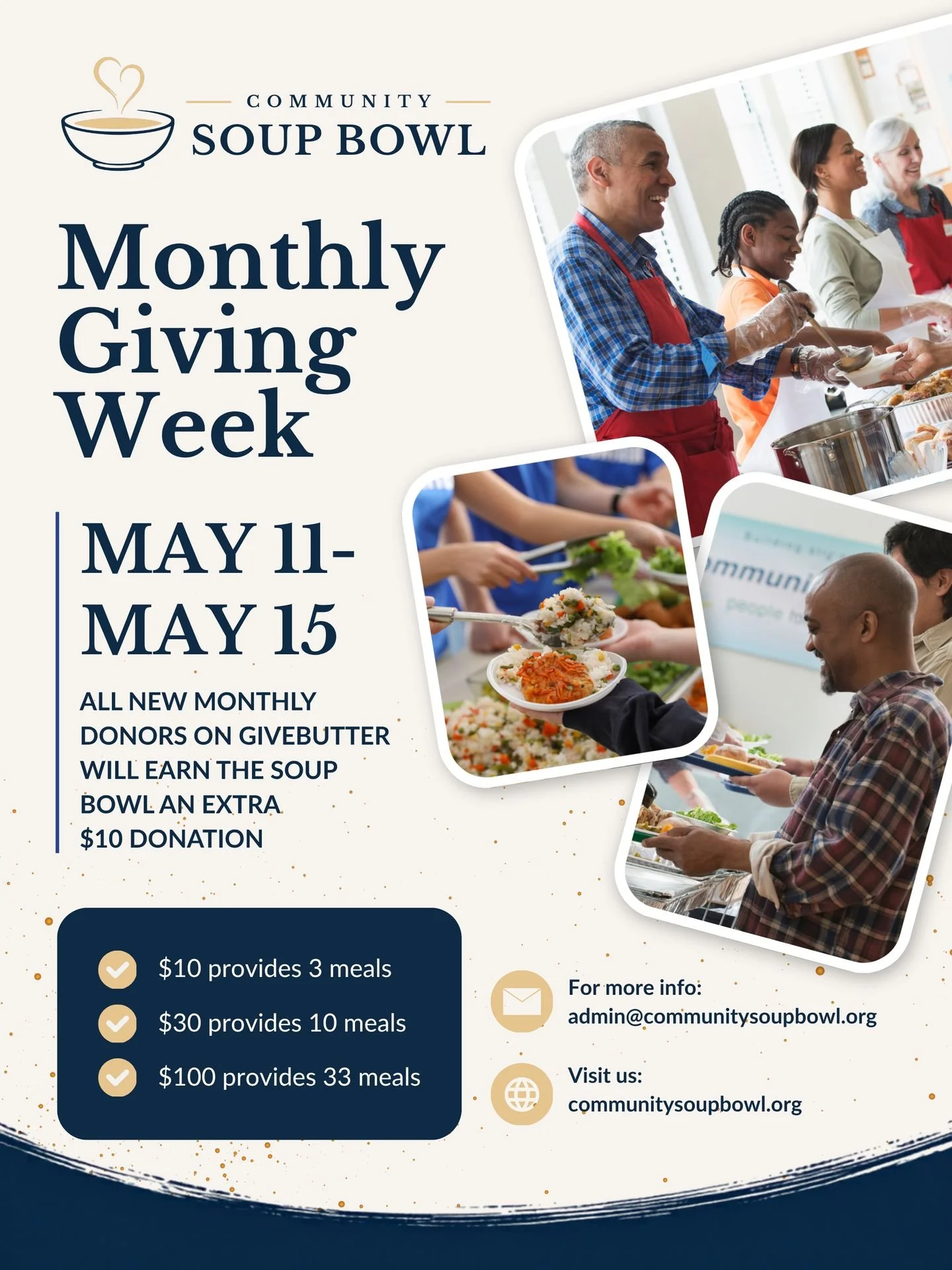 Something special is happening this week, and we want you to be part of it to make your donation go even further! Now until Friday, every NEW monthly donor who gives $5 or more through our GiveButter page earns the Soup Bowl a $10 bonus on top of you