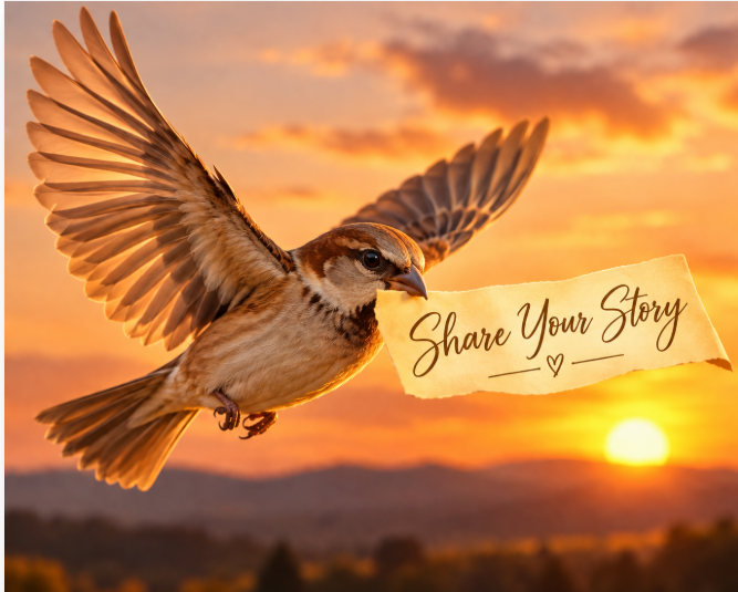 A sparrow flying at sunset holding a paper sign that says "Share Your Story" with a small heart, against an orange sky and silhouette of mountains.