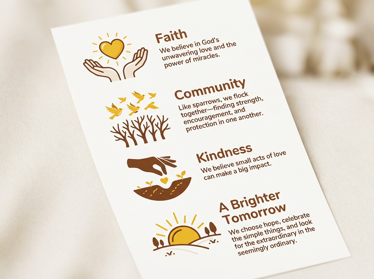 A printed list with icons and text about values: Faith, Community, Kindness, and A Brighter Tomorrow. The icons depict hands holding a heart, birds flying above trees, a hand planting a seed, and a sunrise over hills.