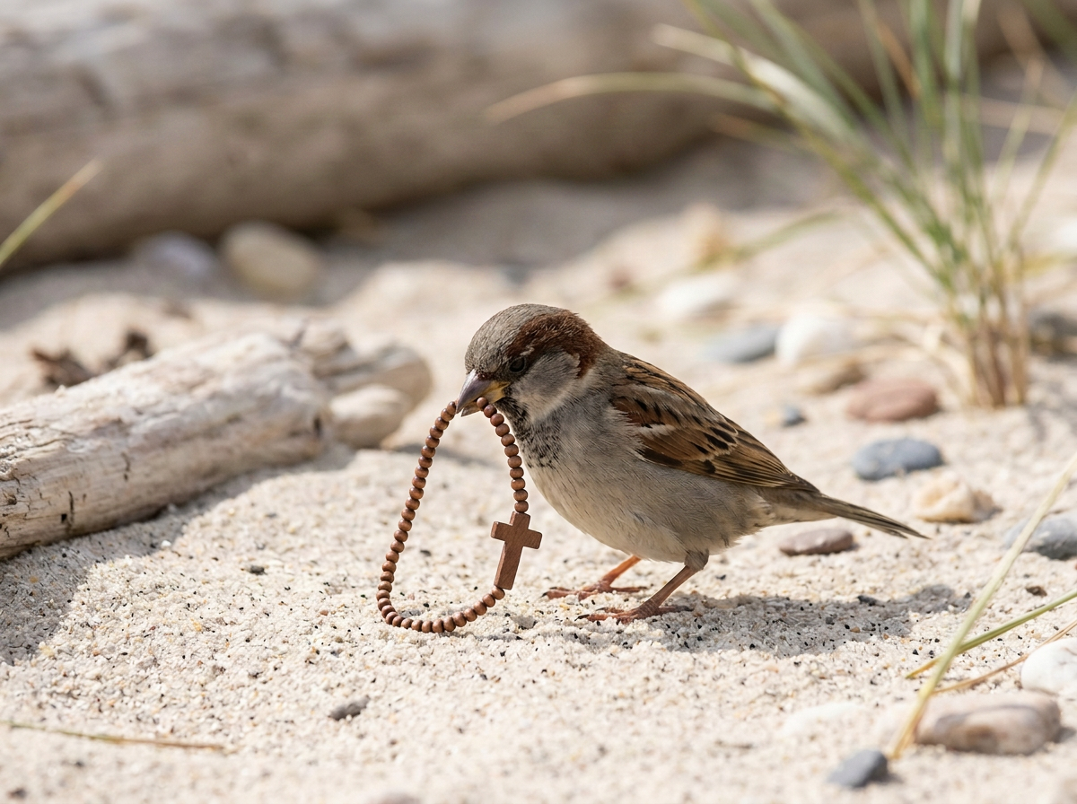 A small bird standing on sand, holding a brown beaded rosary with a cross in its beak, with sand, rocks, and a piece of driftwood in the background.