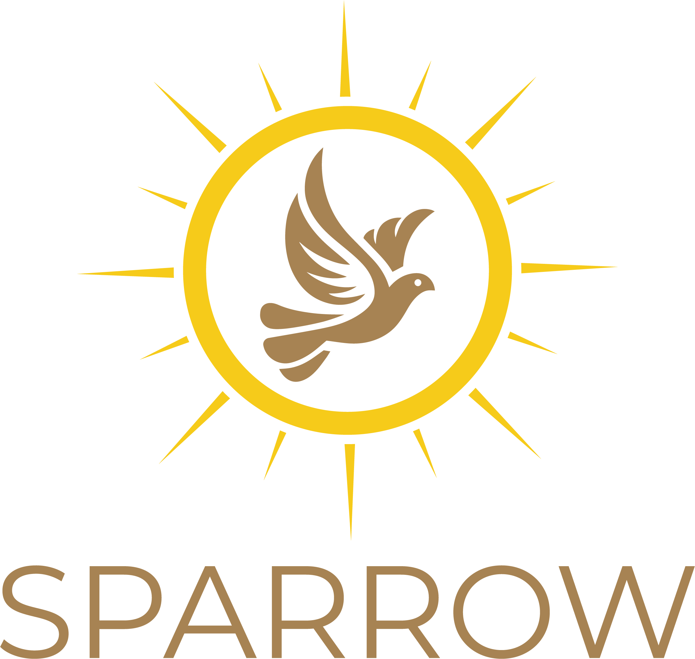 A logo featuring a dove enclosed within a yellow circle with sun rays extending outward, and the word 'SPARROW' in uppercase above the circle, with part of the word 'SPARROW' visible below.
