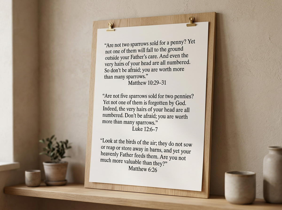 A wooden-framed print with biblical quotes from Matthew and Luke, resting on a shelf with potted plants and small ceramic cups in a cozy, softly lit room.