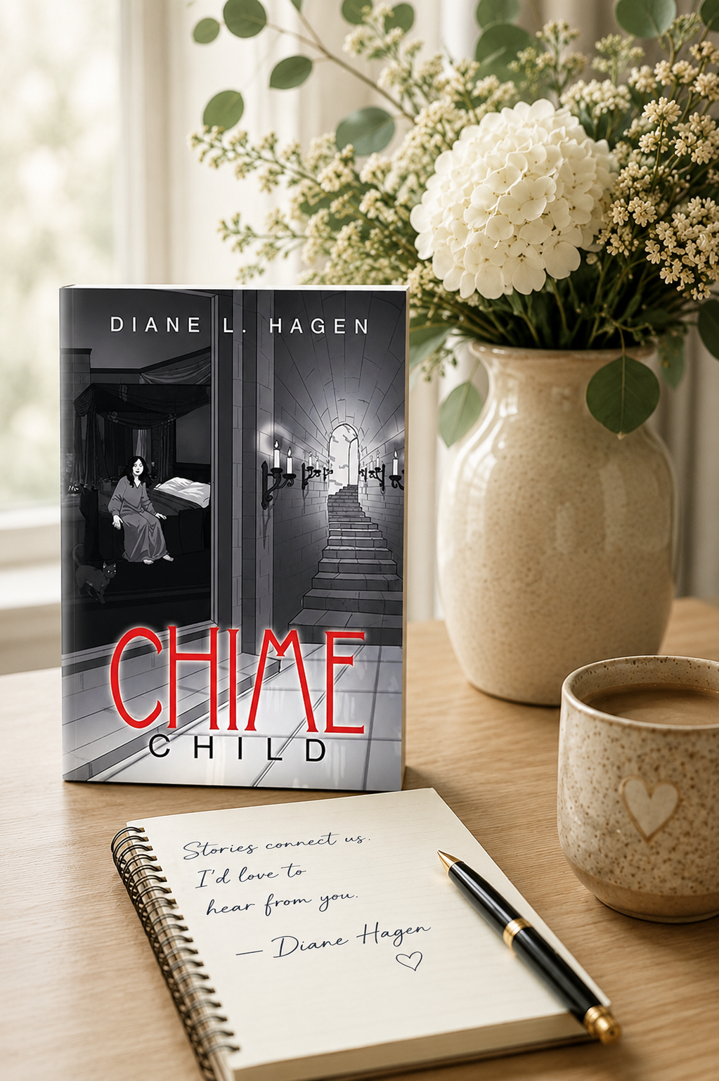 A book titled 'Chime' by Diane L. Hagen stands on a wooden table next to a beige pitcher with white hydrangeas and greenery, a speckled mug, a spiral notebook with a handwritten note and a black pen, with a window in the background letting in natural light.