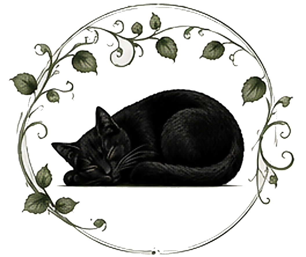 Black cat curled up and sleeping, surrounded by an ornate circular vine frame with leaves.