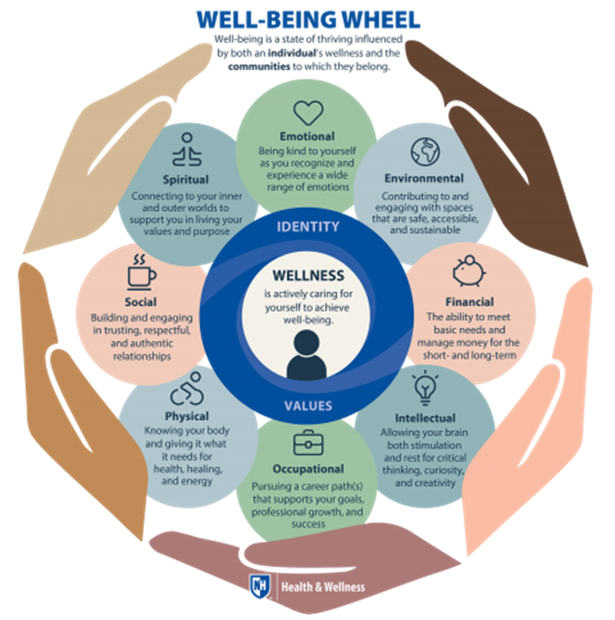 Infographic showing different components of wellness including emotional, environmental, financial, intellectual, occupational, physical, social, and spiritual, centered around wellness and identity.