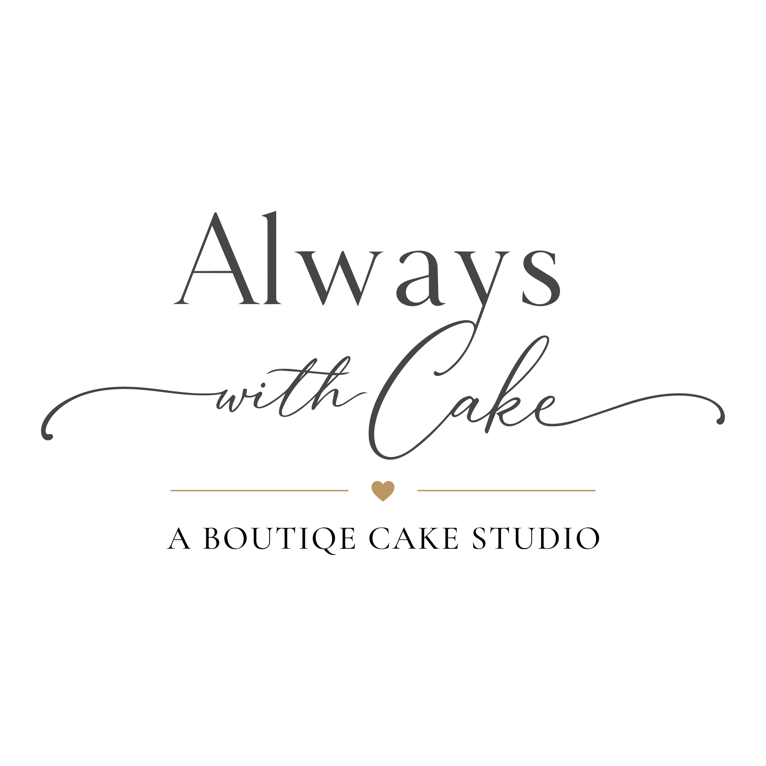 Text design with the words 'Always with Cake Studio' in elegant fonts and gold accents, surrounded by decorative lines and a small heart symbol, on a black background.