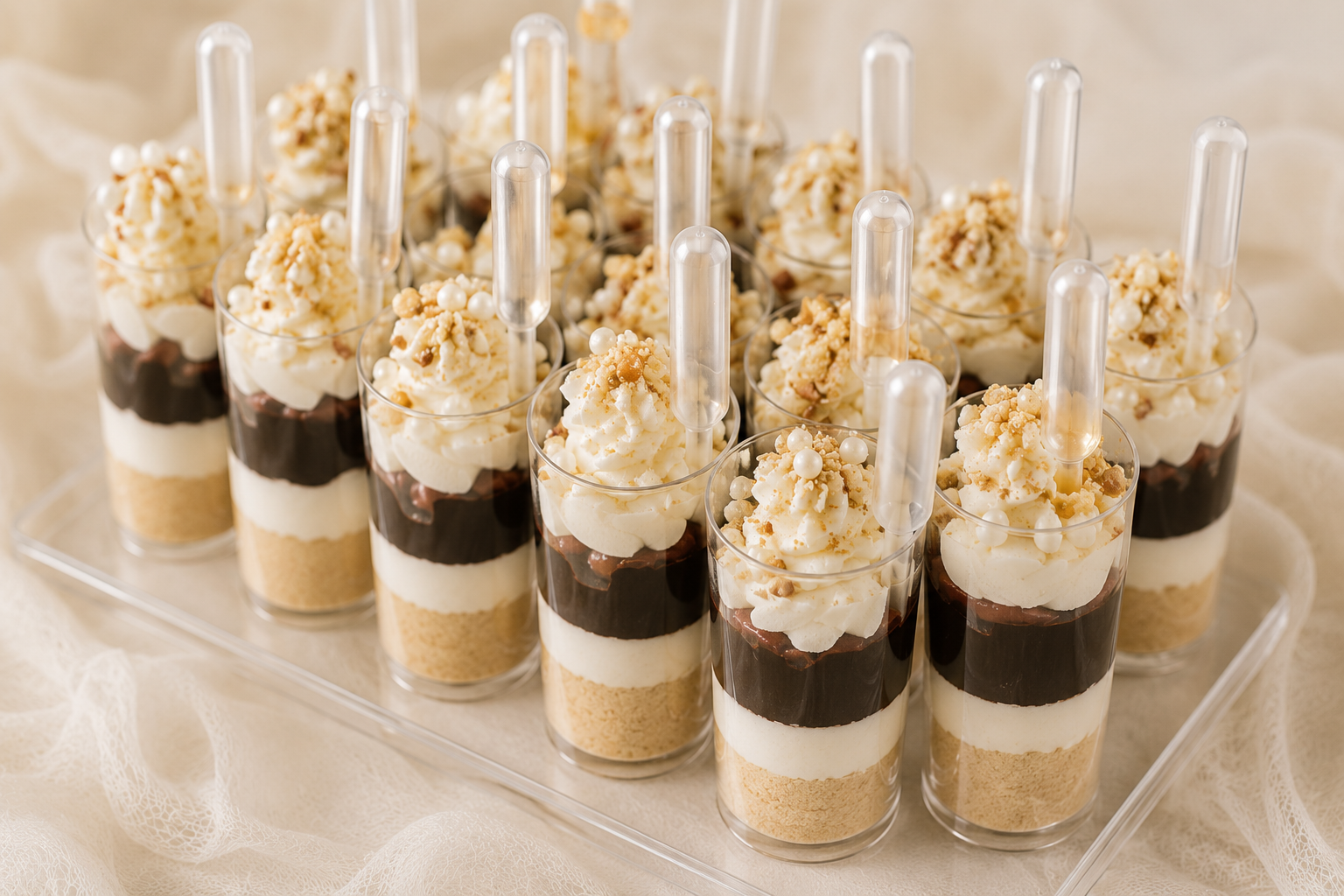 Individual dessert cups with layered ingredients of crumbled cookies, whipped cream, chocolate ganache, and toppings of crushed cookies and white pearls, served in clear plastic cups with plastic spoons.