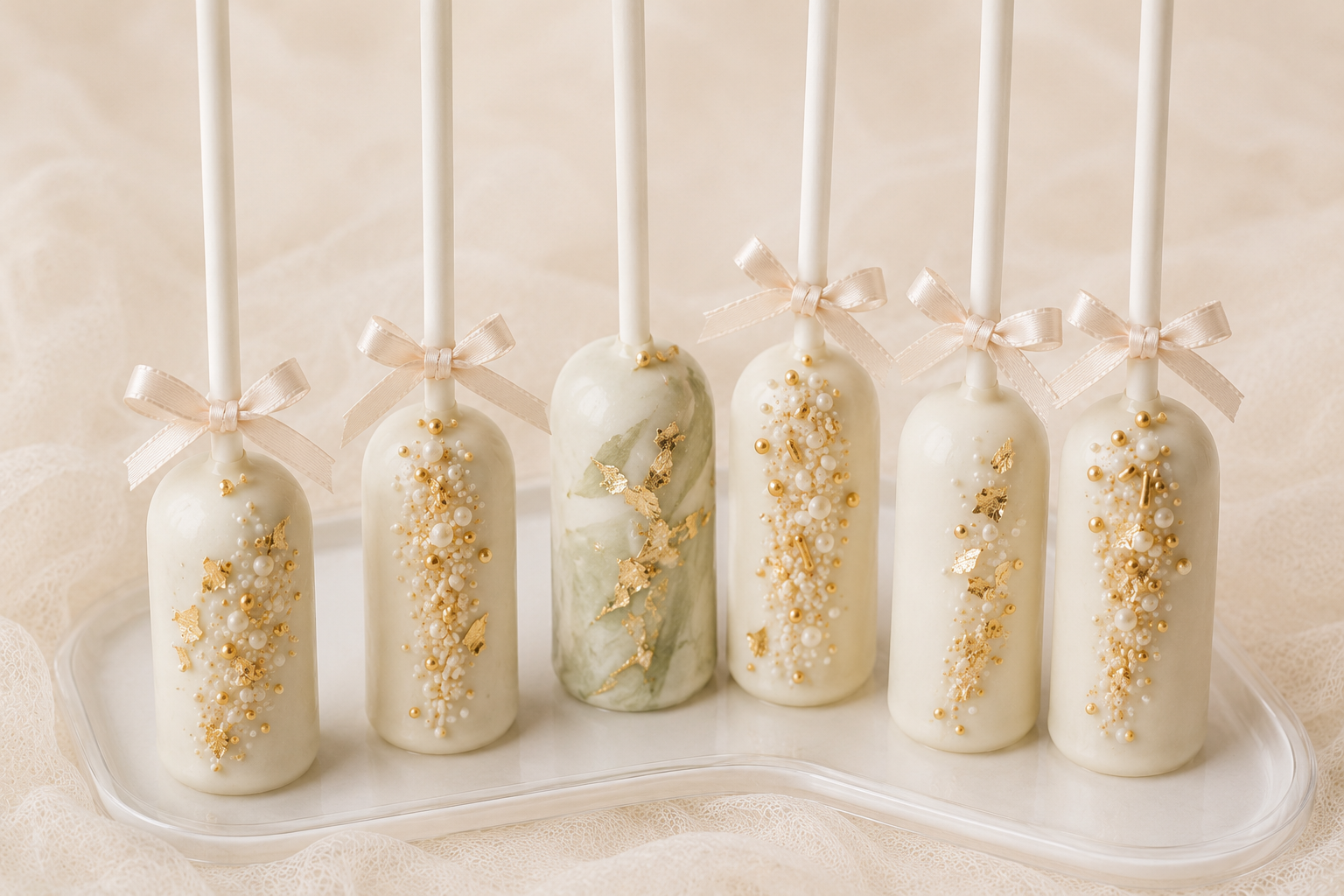 Cream-colored cake pops decorated with gold and white sprinkles, pearls, and gold leaf, each with a beige ribbon tied in a bow on the stick, arranged on a clear glass tray.