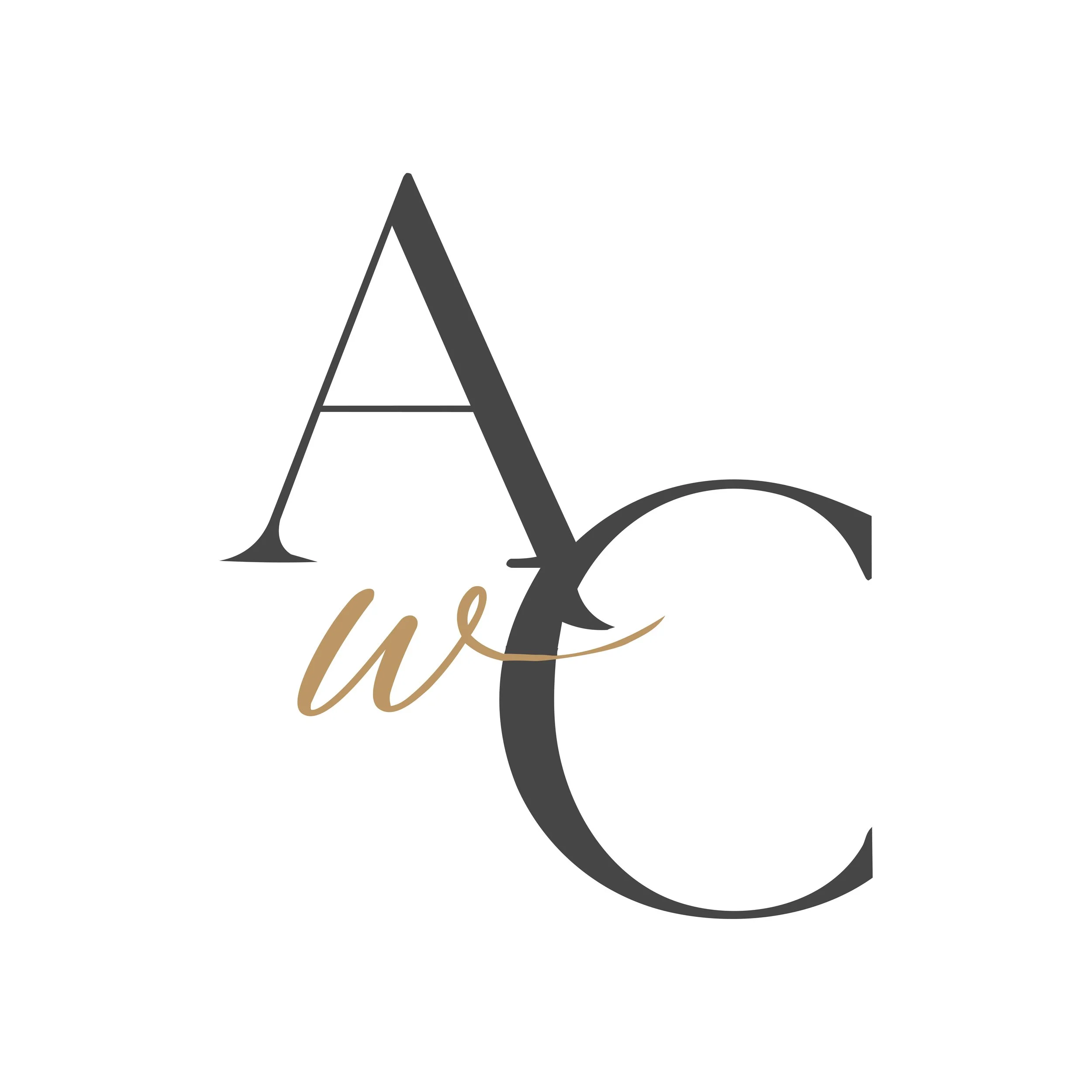 A stylized, elegant logo design with a large letter 'A' in black, partially overlapped by a gold cursive text.