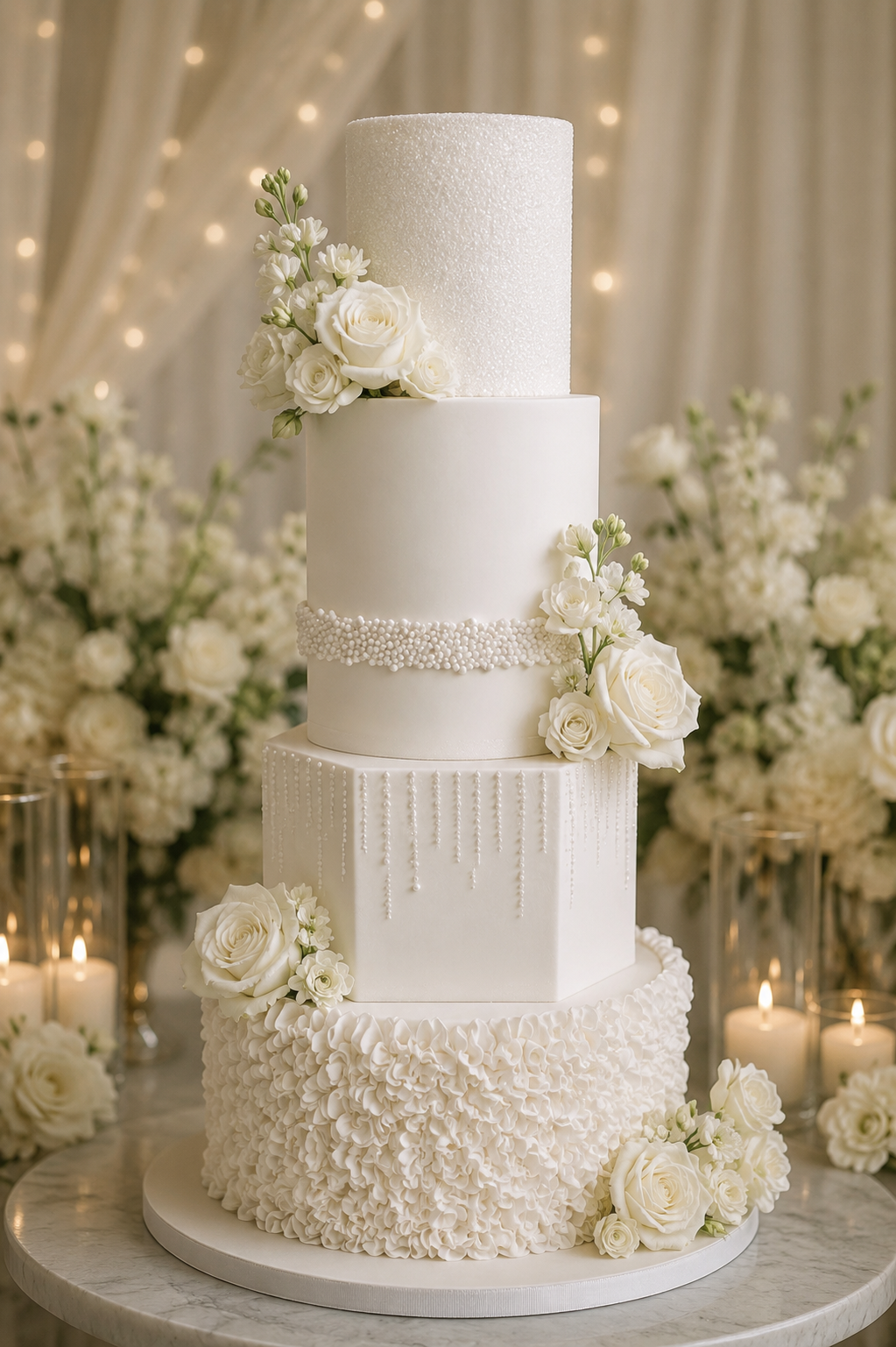 A multi-tiered white wedding cake decorated with white roses and small white flowers, with candles and floral arrangements in the background.
