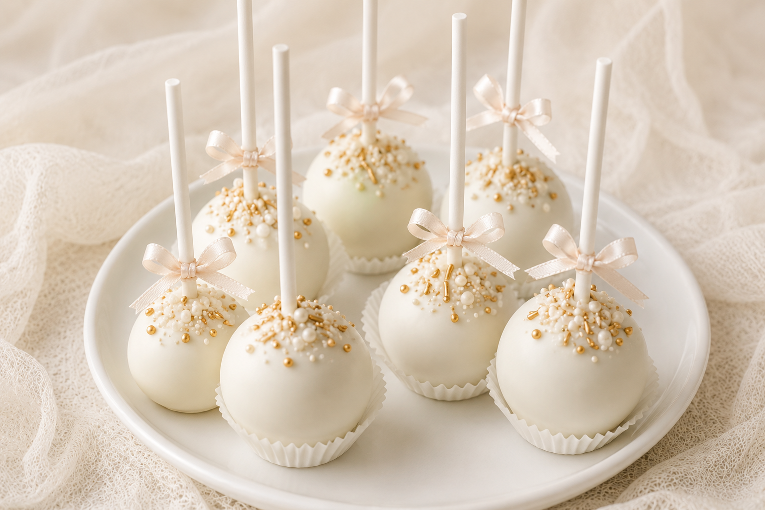 White cake pops decorated with tiny white and gold sprinkles, each tied with a pale pink ribbon, arranged on a white platter.