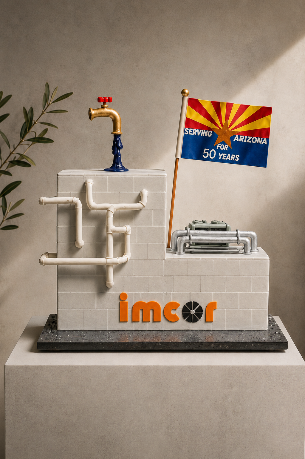 A decorative sculpture of a water fountain with white pipes, a golden faucet with a red handle, and a flag that reads "Serving Arizona for 50 Years". The sculpture has the word "imcor" in orange letters at the base, and a potted plant is partially vi