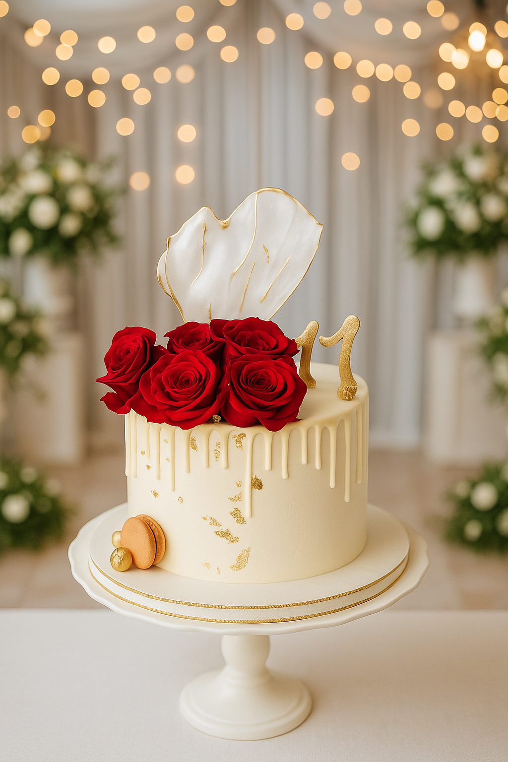 Elegant wedding cake decorated with red roses, gold accents, and a white decorative topper, on a white cake stand with a blurred background of string lights and white floral arrangements.