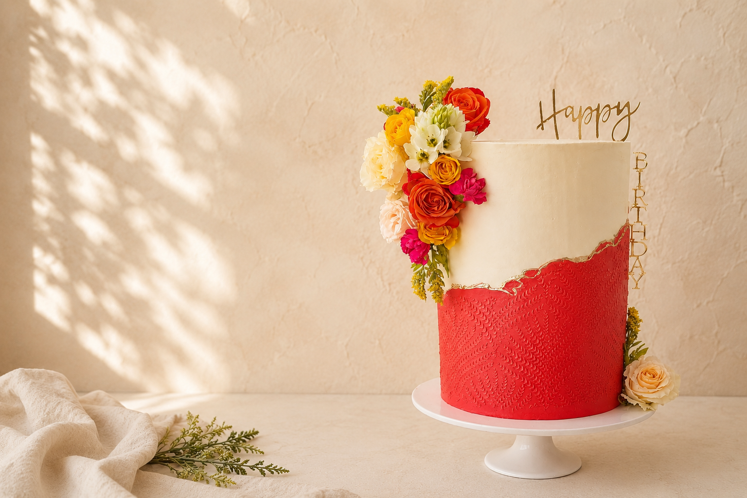 A tall birthday cake with white upper half and red lower half, decorated with a colorful floral arrangement and a cake topper that says 'Happy'. The cake also has a vertical gold 'Birthday' sign on the side, and it is placed on a white cake stand against a light beige wall with sunlight shadows.