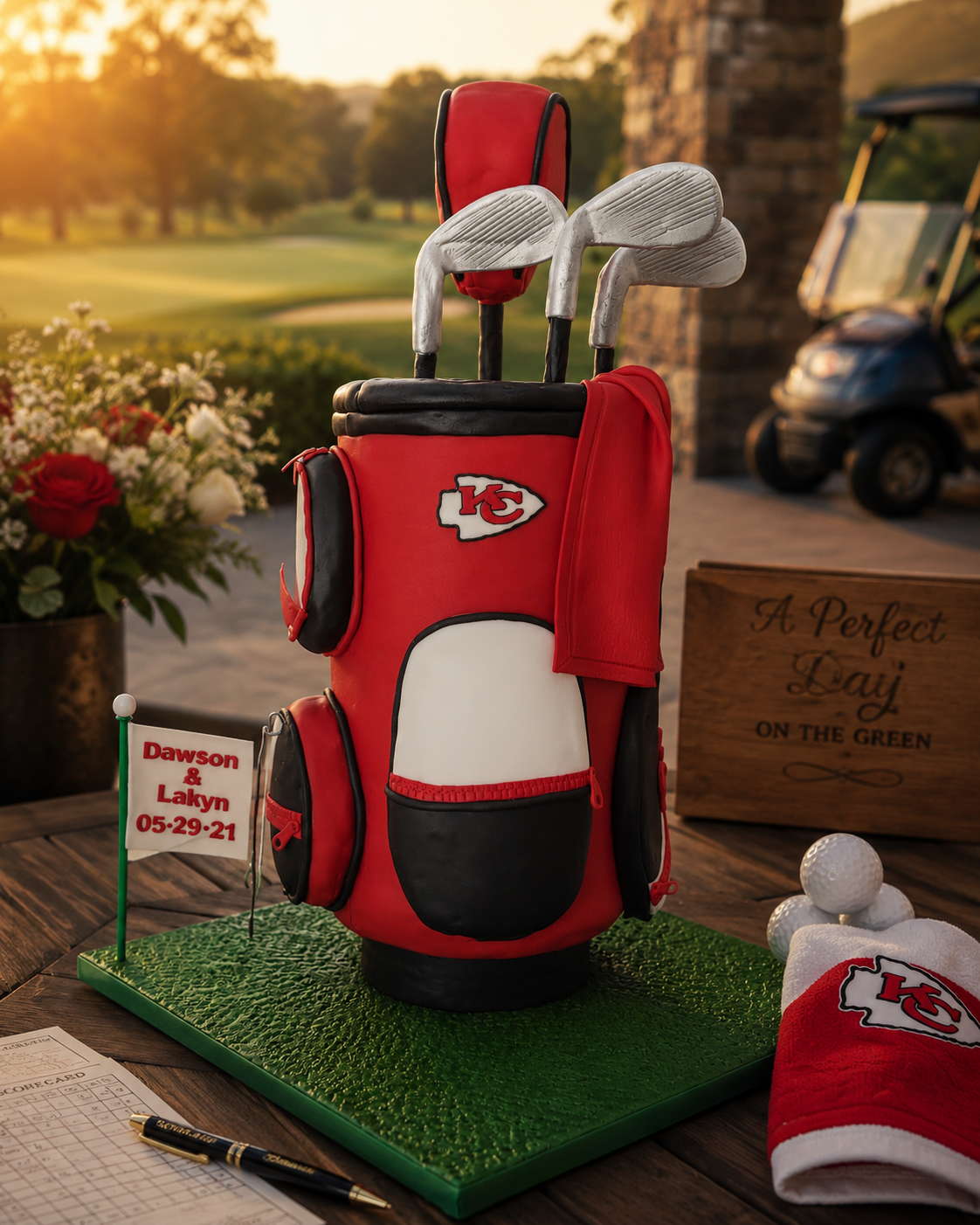 A golf-themed cake with a red, black, and white color scheme, featuring golf clubs and a Kansas City Chiefs logo, located on a table outdoors during sunset.