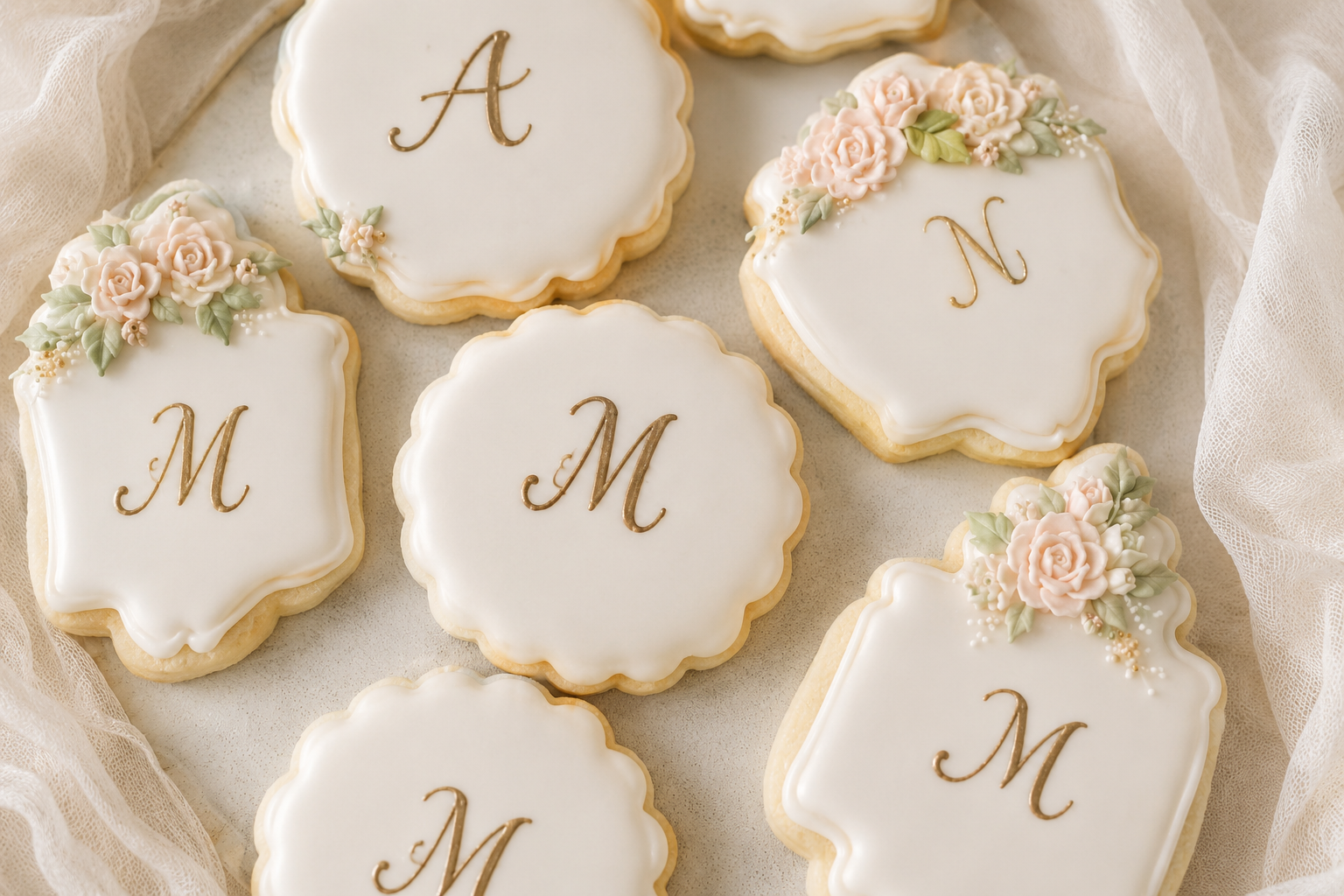 Elegant cookies decorated with white icing, gold lettering, and floral designs, arranged on a tray with beige fabric.