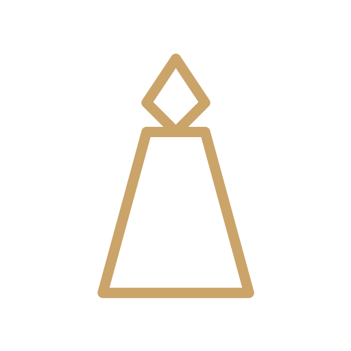 Minimalist icon of a perfume bottle with a diamond-shaped cap in gold color.