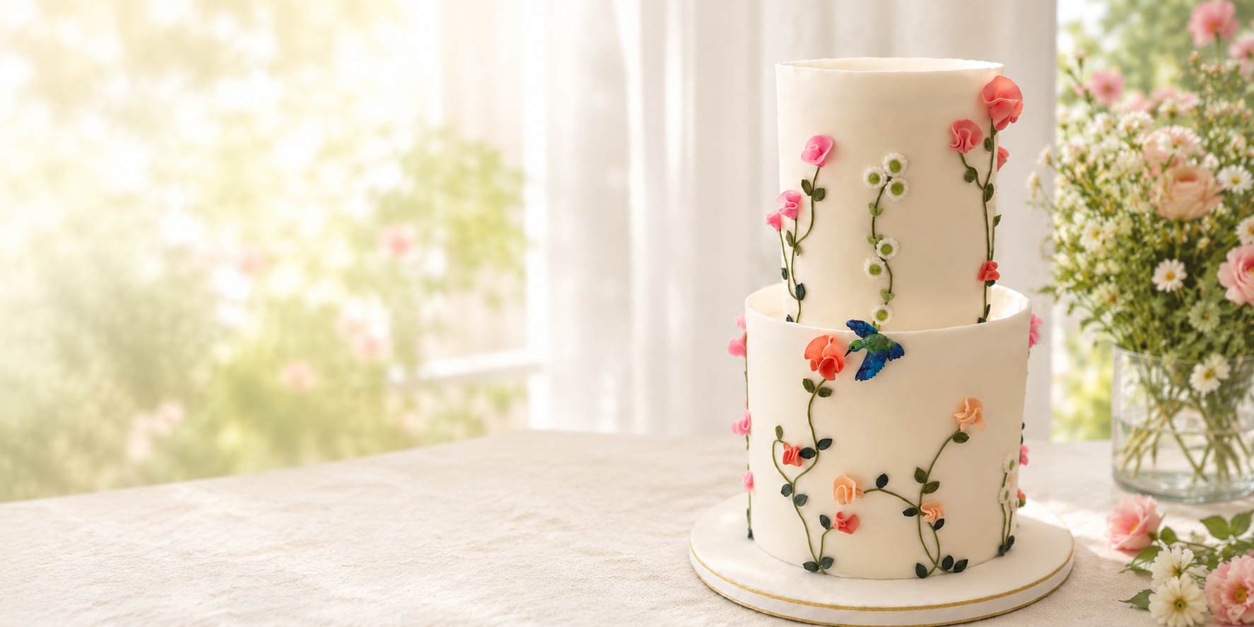 Two-tiered white wedding cake decorated with small pink, peach, and white flowers, with a blue hummingbird figurine on the lower tier, on a table with a flower arrangement in the background.