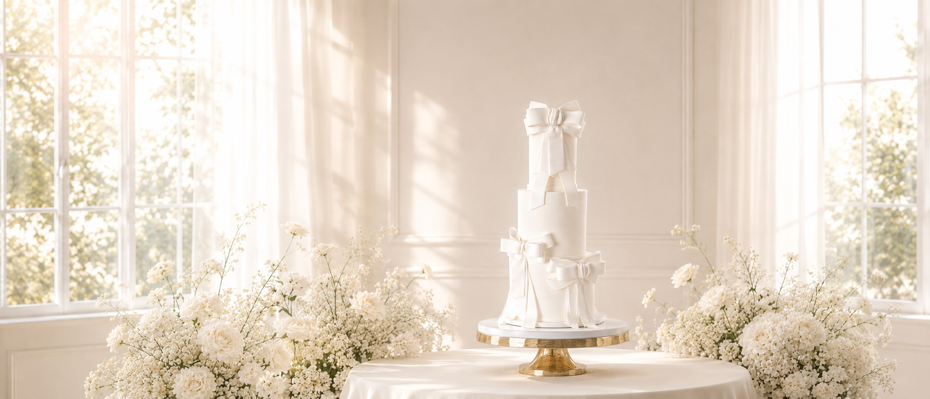 Elegant white wedding cake with bows, surrounded by white flowers, on a gold stand in a bright room with large windows.