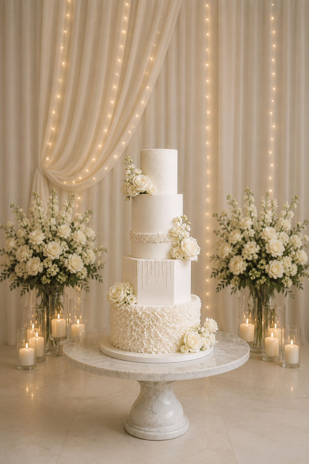 Elegant white wedding cake with five tiers decorated with white roses and floral accents. The cake is set on a marble pedestal table with candles and floral arrangements in the background.