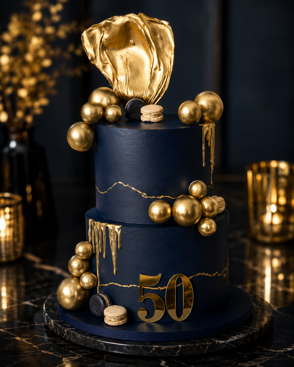 A two-tier navy blue birthday cake decorated with gold accents, gold spheres, macarons, and a gold number 50 topper, displayed on a black marble surface.