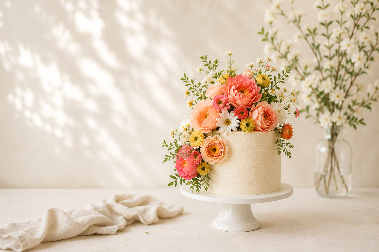 A white cake decorated with pink, peach, white, and yellow flowers on a white cake stand, with a glass vase of similar flowers in the background and a soft cloth on the table.
