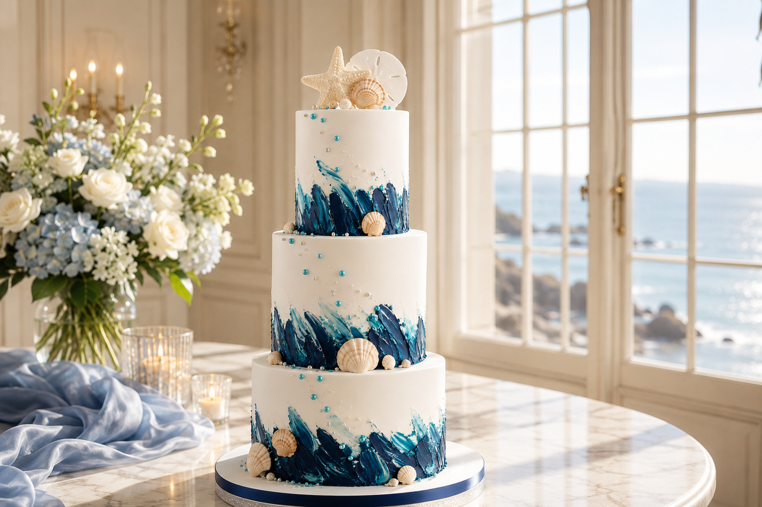 A four-tiered white wedding cake decorated with blue ocean wave designs, seashells, and small edible pearls, placed on a marble table near a window with ocean view.