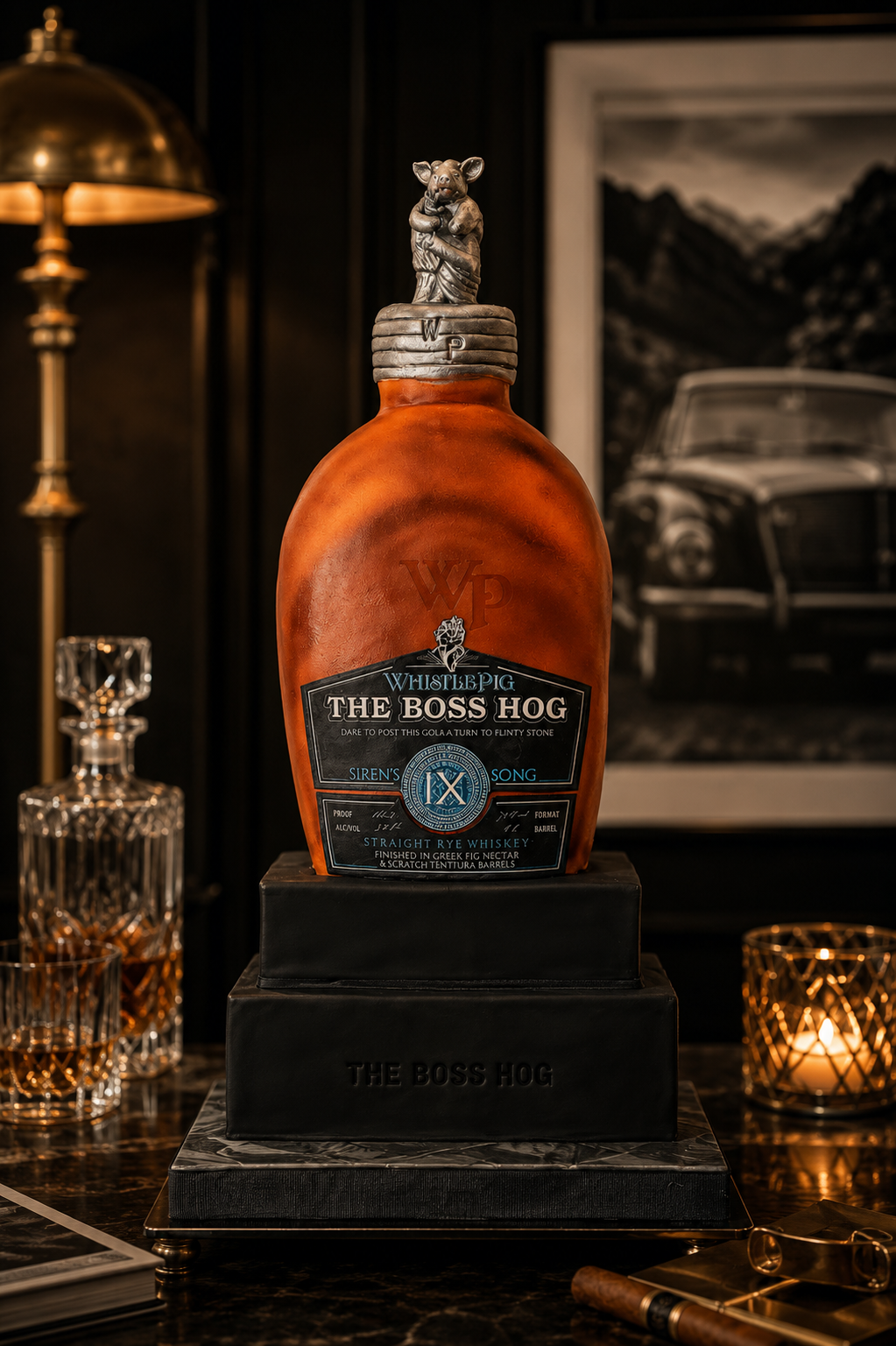 A decorative bottle shaped like a whiskey bottle labeled "The Boss Hog" with a pig figurine on top, placed on a black stand in a sophisticated setting with glasses, a candle, and artwork in the background.