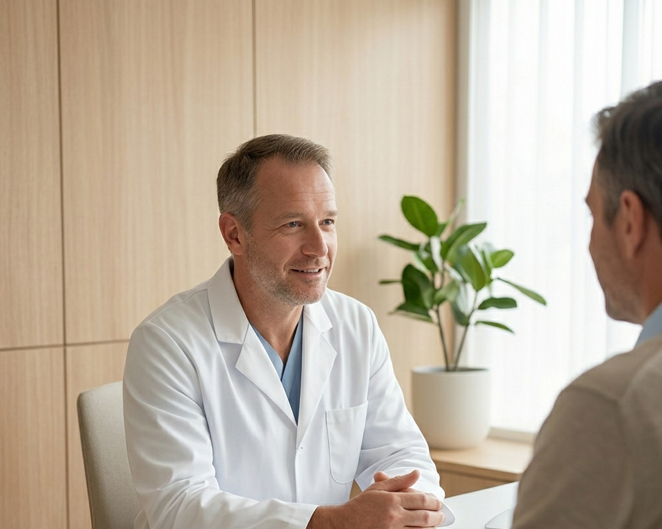 Un doctor conversando con un paciente en consulta médica en un consultorio con paredes de madera y planta en la mesa.