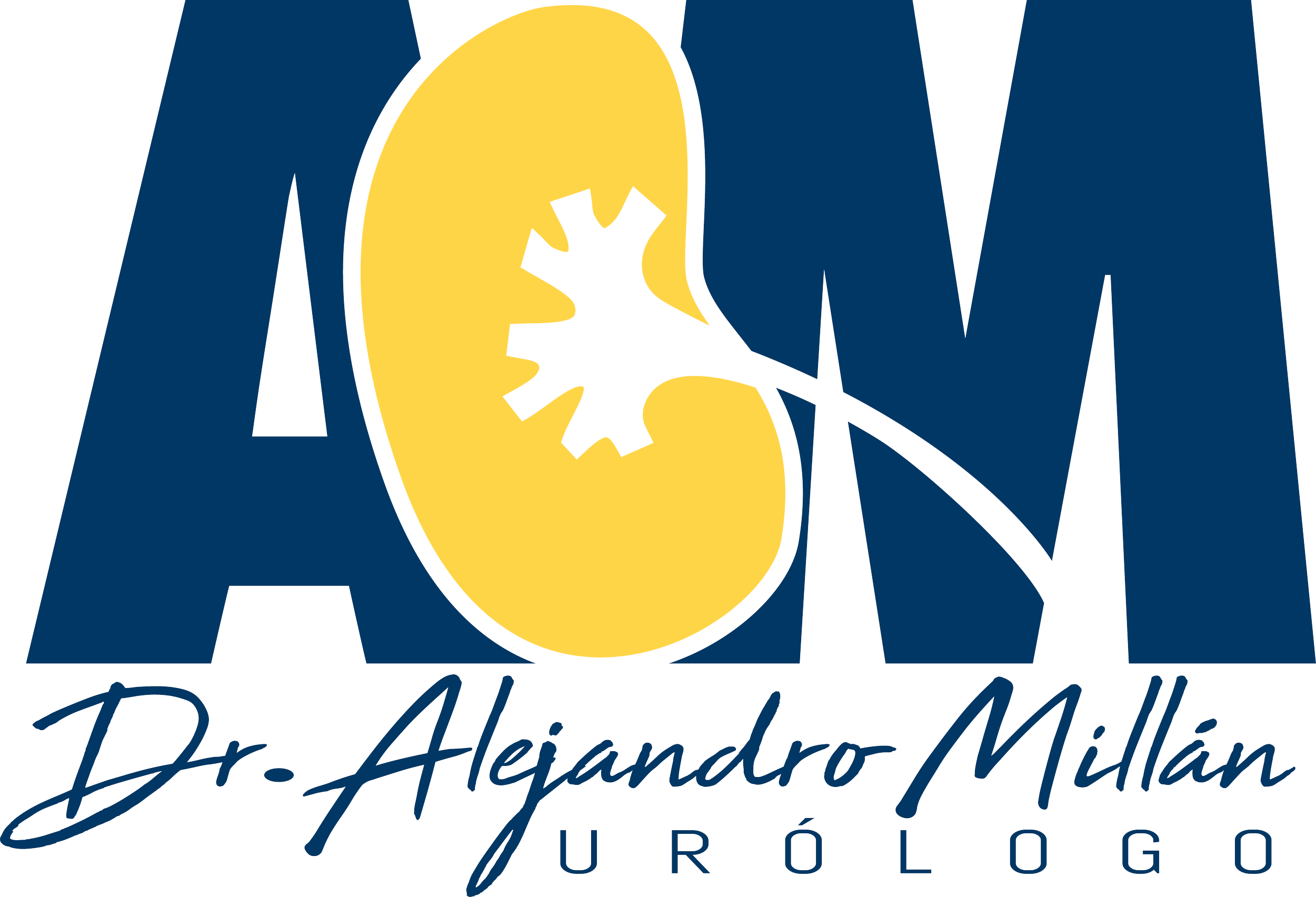 Logotipo de una clínica llamada Dr. Alejandro Millán, que incluye un diseño con letras en azul y amarillo, y un símbolo de un diente con engranajes.