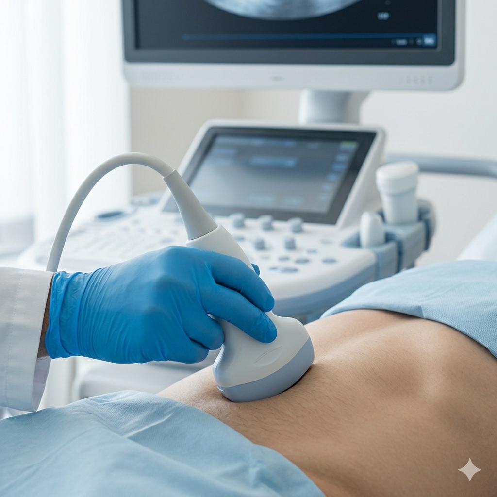 Una ecografía en progreso en un hospital, con médico usando un transductor en el abdomen de una paciente