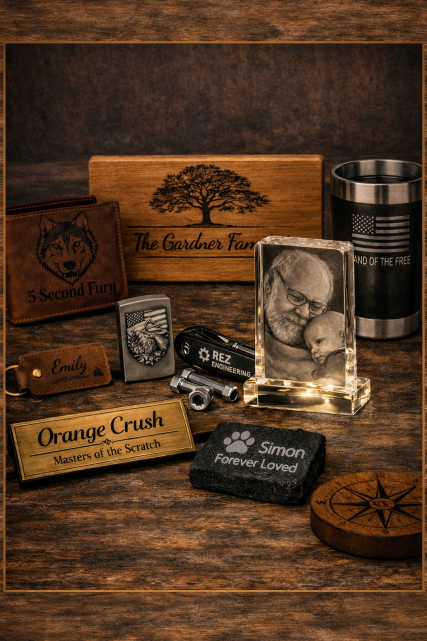 Wooden desk with personalized items: a nameplate 'Orange Crush Masters of the Scratch', a black stone with 'Simon Forever Loved', a metal compass, a photograph of an elderly man and a baby, a small metallic chain, a patch with 'REZ ENGINEERING', a leather keychain with 'Emily', a wallet with wolf and American flag design '5 Second Fury', a wooden block with a tree and 'The Gardner Fam', a stainless steel tumbler with American flag design and the text 'LAND OF THE FREE'.