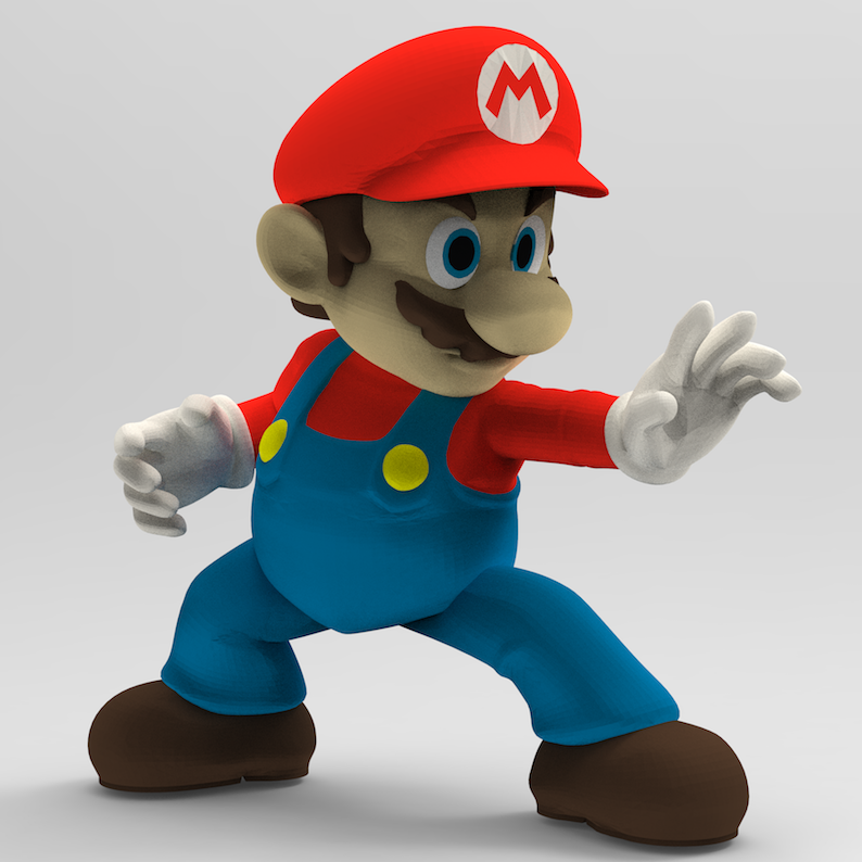 A 3D animated character of Mario from Nintendo, wearing a red hat with an 'M' emblem, red shirt, blue overalls, and brown shoes, in a dynamic pose