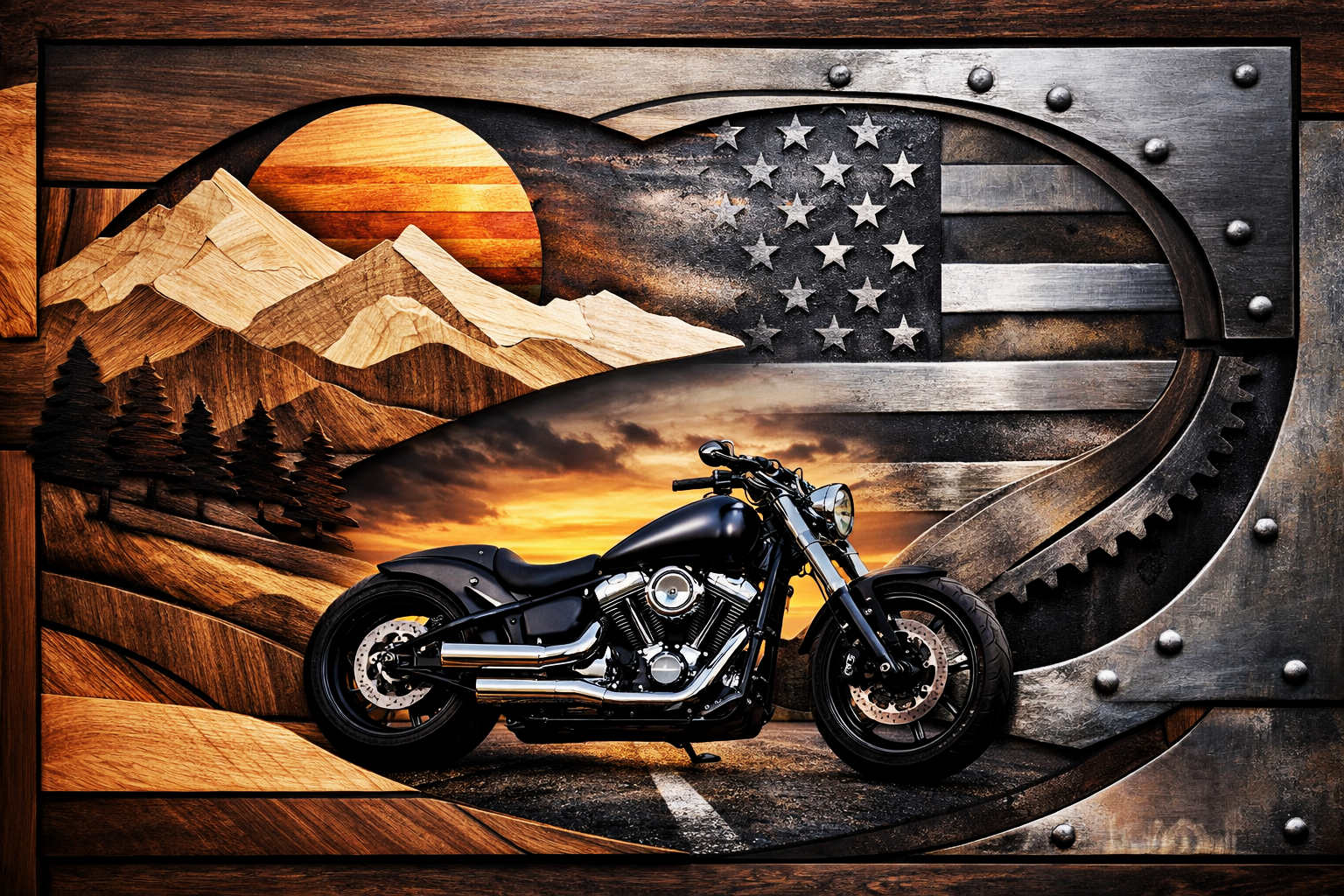 A black motorcycle in front of a mixed-media wooden art piece featuring mountains, trees, a sunset, and an American flag.