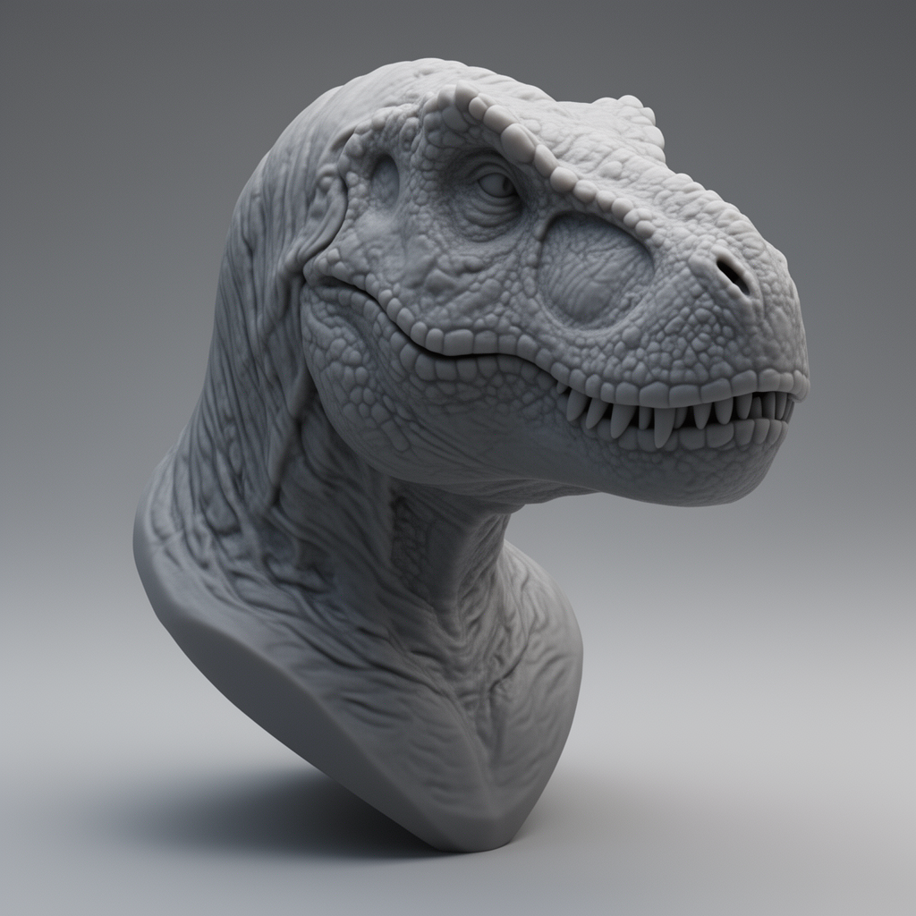 3D-rendered grayscale bust of a Tyrannosaurus rex dinosaur with detailed scales and sharp teeth.