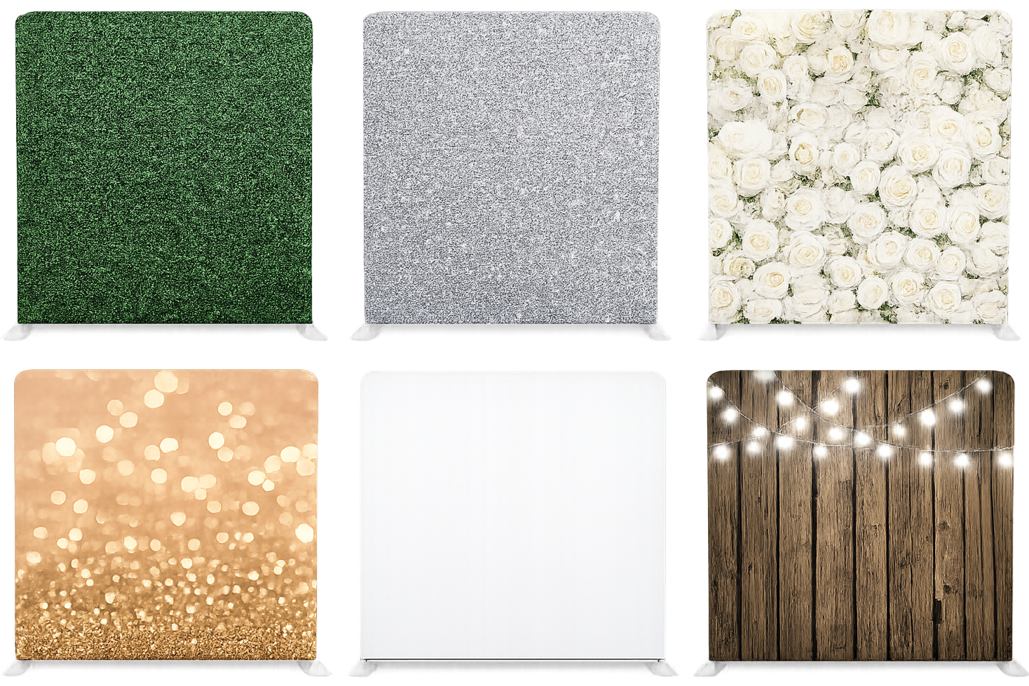 Six square backgrounds with different textures: green grass, silver glitter, white roses, golden bokeh, plain white, and wooden planks with string lights.