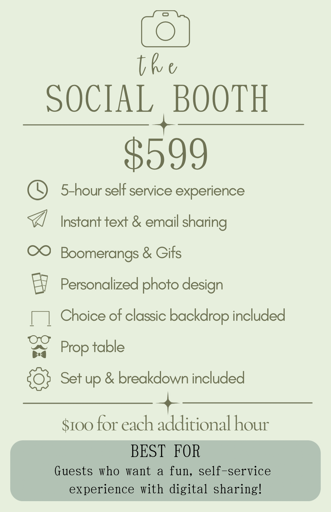 A promotional flyer for a social photo booth service priced at $599, including 5-hour self-service, instant sharing, personalized photo design, backdrop options, prop table, setup, and breakdown.