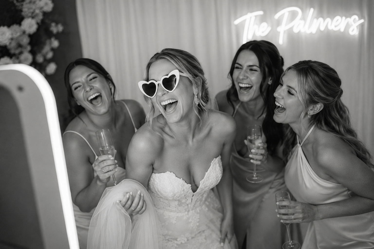 A bride and her bridesmaids are happily laughing and taking a selfie at a wedding celebration. The bride is wearing heart-shaped sunglasses and is holding her wedding dress.