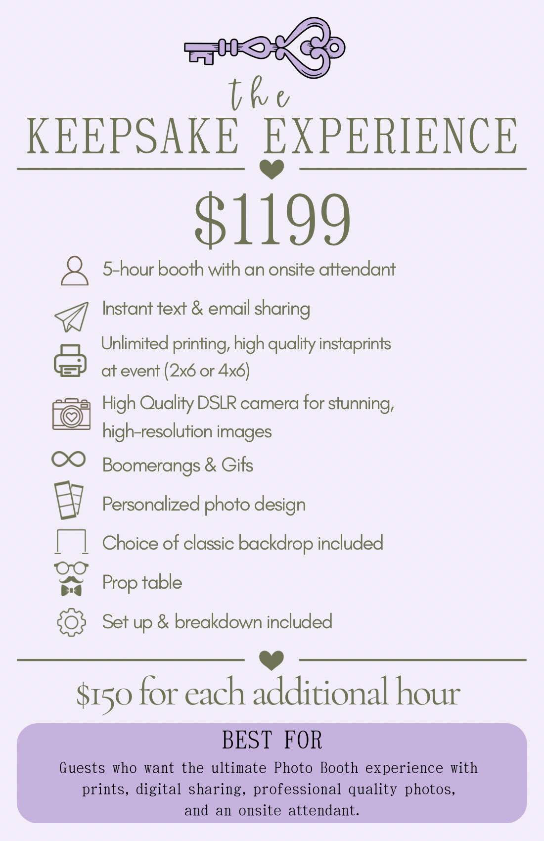 A promotional flyer for 'The Keepsake Experience' photo booth package priced at $1199. The flyer lists features such as a 5-hour booth with an onsite attendant, instant text and email sharing, unlimited high-quality prints, a high-resolution DSLR camera, boomerangs and Gifs, personalized photo design, choice of backdrop, prop table, and setup assistance. Additional hours cost $150 each. The package is ideal for guests seeking professional photos with prints, digital sharing, and onsite service.