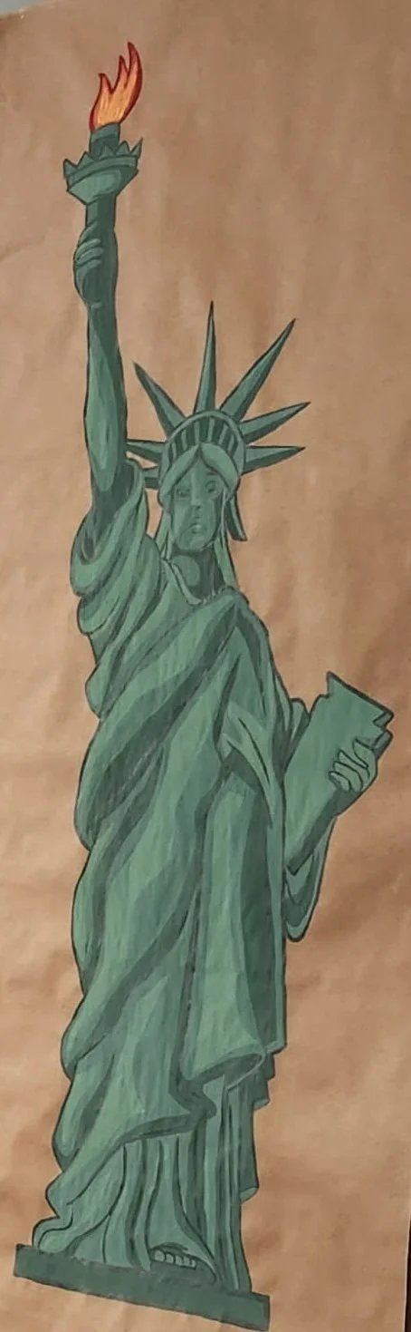 Drawing of the Statue of Liberty holding a flaming torch in her right hand and a tablet in her left hand, with a neutral background.