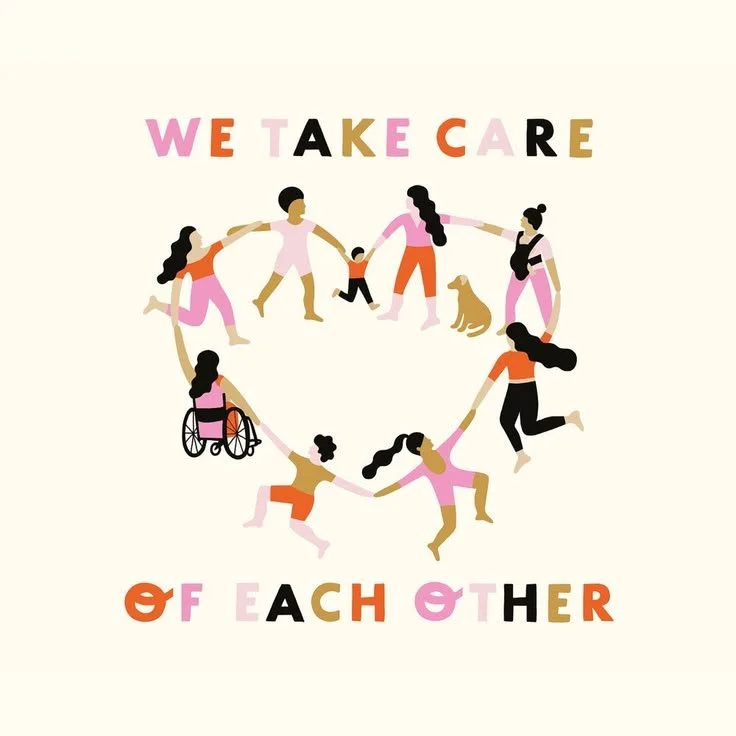 Illustration of diverse people holding hands in a circle, with a heart shape formed by their bodies, accompanied by the words 'We Take Care of Each Other' in colorful letters.