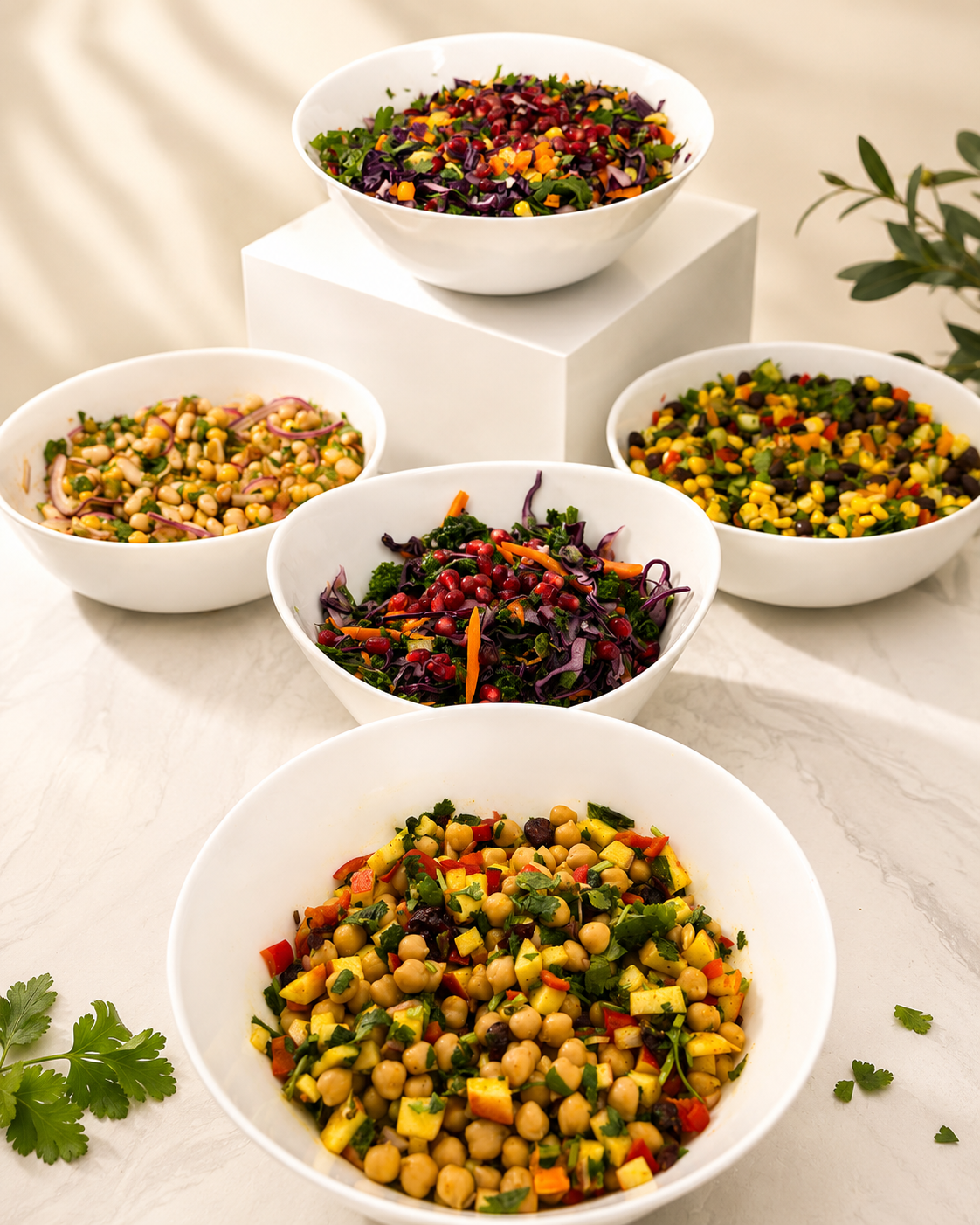 “Colorful gourmet salad display by Highly Flavored Catering featuring fresh chickpea salad, kale and pomegranate salad, black bean corn salad, and seasonal vegetable medleys presented in elegant white serving bowls.”