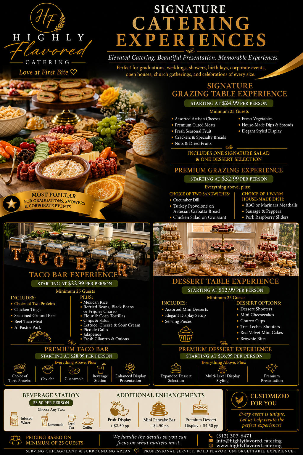 Highly Flavored Catering flyer featuring grazing tables, taco bars, dessert displays, beverage stations, and premium catering packages.