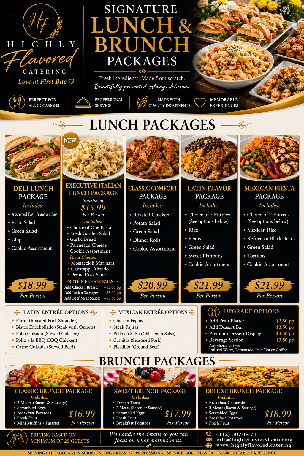 Lunch and brunch catering flyer featuring sandwich platters, Italian lunches, brunch packages, and beverage stations.