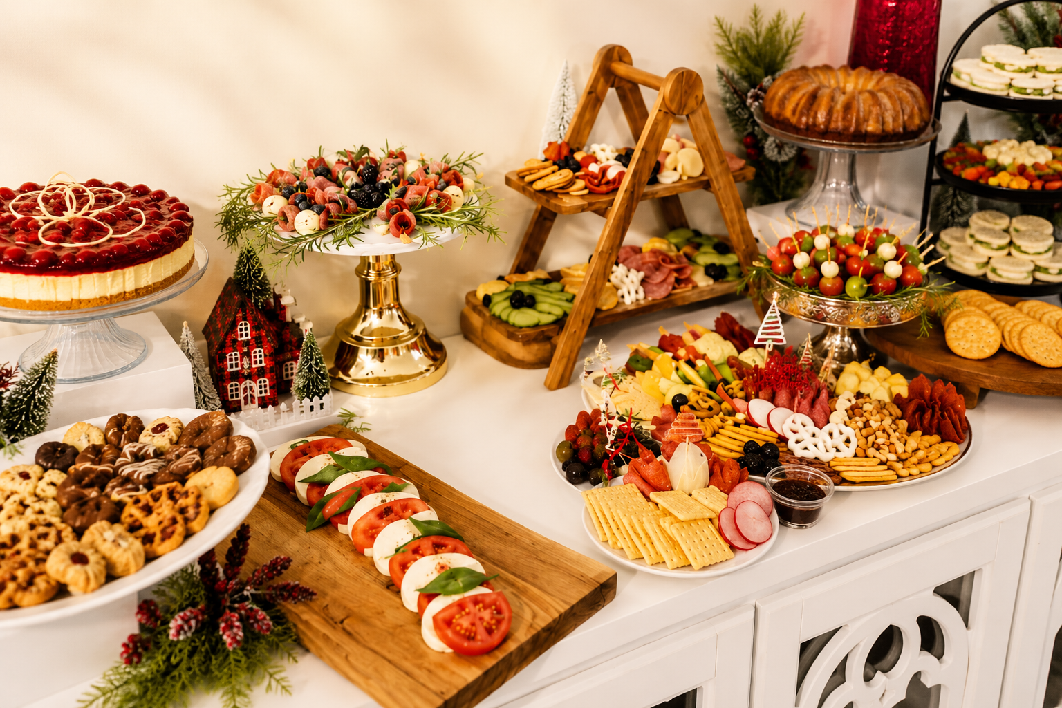 “Luxury holiday grazing table and dessert spread by Highly Flavored Catering featuring charcuterie, fresh fruit, cheesecake, caprese skewers, artisan cheeses, cookies, and elegant seasonal presentation styling.”
