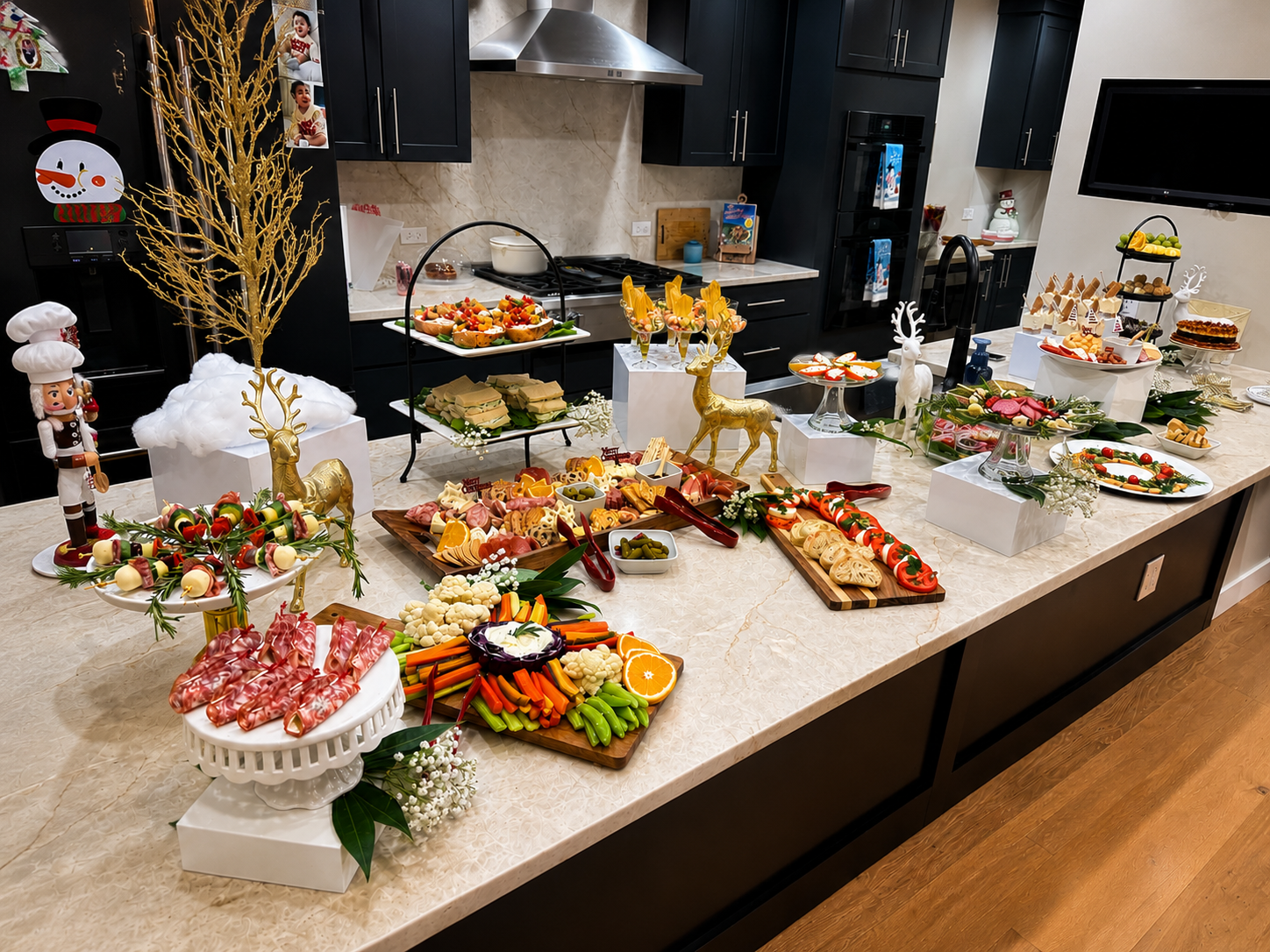 “Elegant holiday grazing table by Highly Flavored Catering featuring charcuterie boards, fresh vegetables, sandwiches, desserts, and festive seasonal décor styled for upscale holiday parties and private events.”
