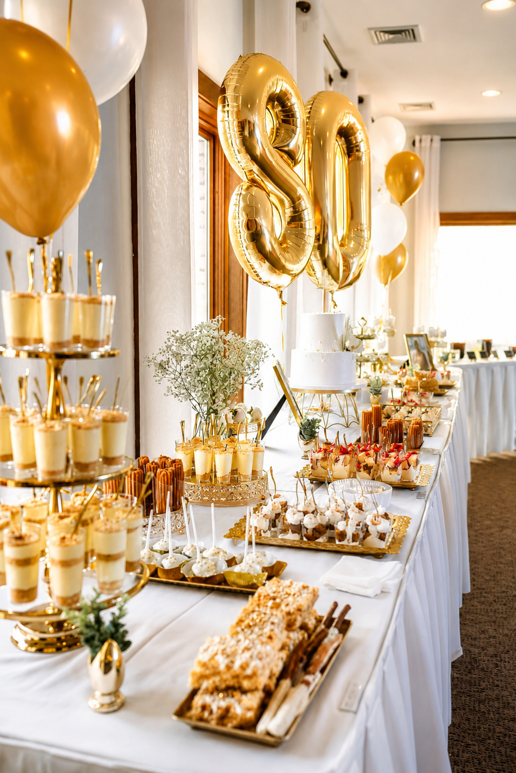 “Elegant 80th birthday dessert table by Highly Flavored Catering featuring luxury dessert shooters, chocolate-covered treats, cakes, and gold-accented event styling with custom balloon décor.”