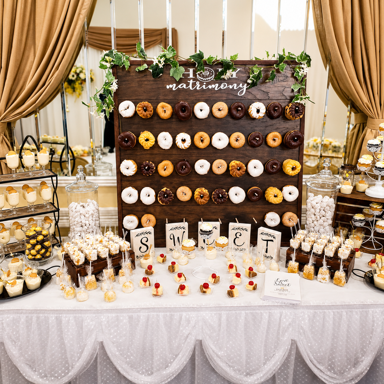 “Elegant wedding dessert table by Highly Flavored Catering featuring a custom donut wall, mini desserts, cake pops, parfait shooters, cupcakes, and upscale dessert styling for wedding receptions and special events.”
